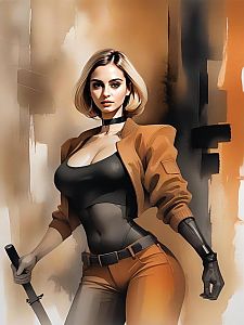 Confident Woman with Weapon in Modern Outfit