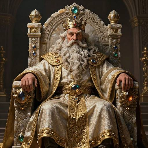 Elderly King in Golden Robe Sitting on Ornate Gemstone-Studded Throne