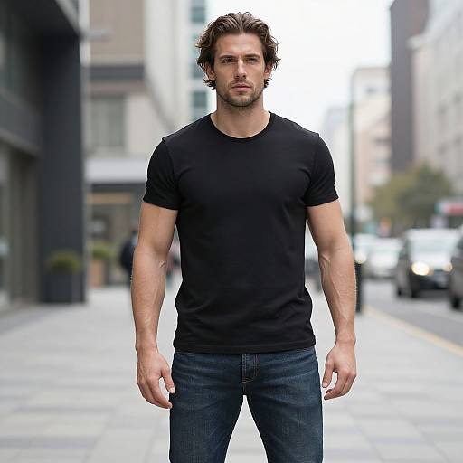 Casual Urban Man Wearing Black T-Shirt and Jeans