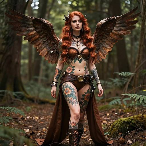 Steampunk Angel Woman with Mechanical Wings in Forest Fantasy