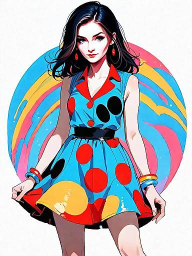 Realistic Comic Style Woman in Colorful Polka Dot Dress Full Body Illustration