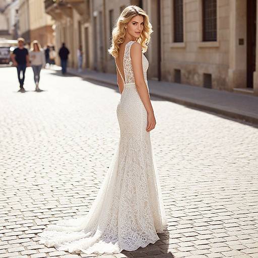 Elegant Blonde Woman in Lace Bridal Gown on Cobblestone Street