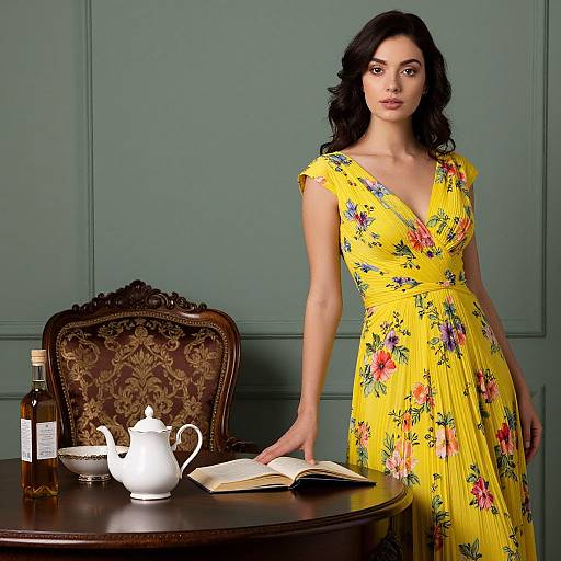 Elegant Woman in Yellow Floral Dress with Vintage Table Setting