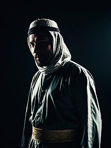 Man in Traditional Muslim Costume Waist Up Studio Photo with Dramatic Shadows