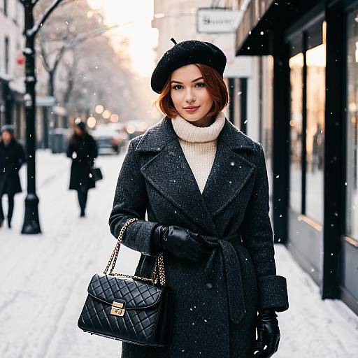 Elegant Woman in Winter Coat and Beret Carrying Black Quilted Handbag on Snowy City Street