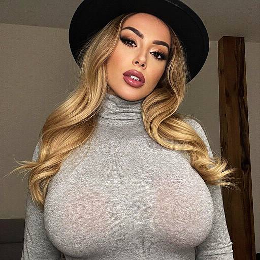 Glamorous Woman Wearing Black Hat and Grey Turtleneck Sweater