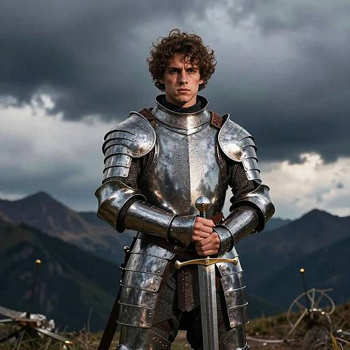 Young Man in Medieval Armor Holding Sword in Mountain Landscape