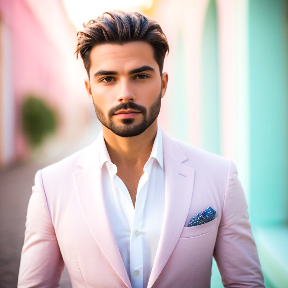 Confident Man in Light Pink Suit