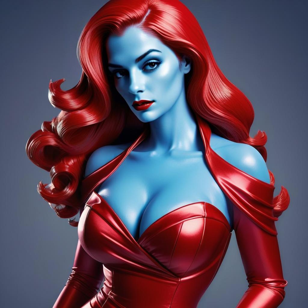 Futuristic Woman with Blue Skin and Red Hair in Glossy Red Dress