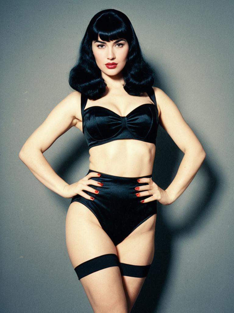 Woman in Bettie Page Bangs Hairstyle and Black Lingerie Pin-Up Costume Full Body Photo