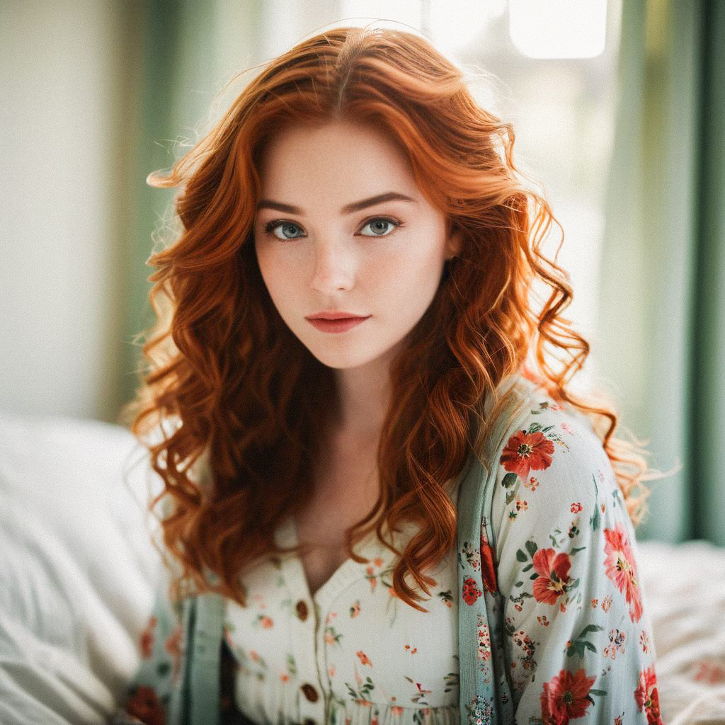 Portrait of a Woman with Wavy Red Hair in Floral Top Portrait of a Woman with Wavy Red Hair in Floral Top