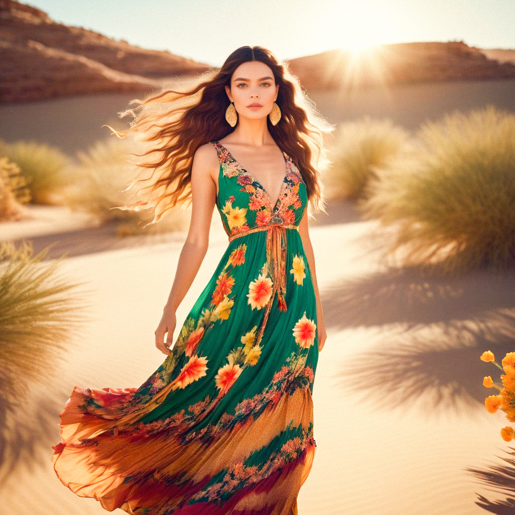 Woman in Floral Maxi Dress at Sunset in Desert