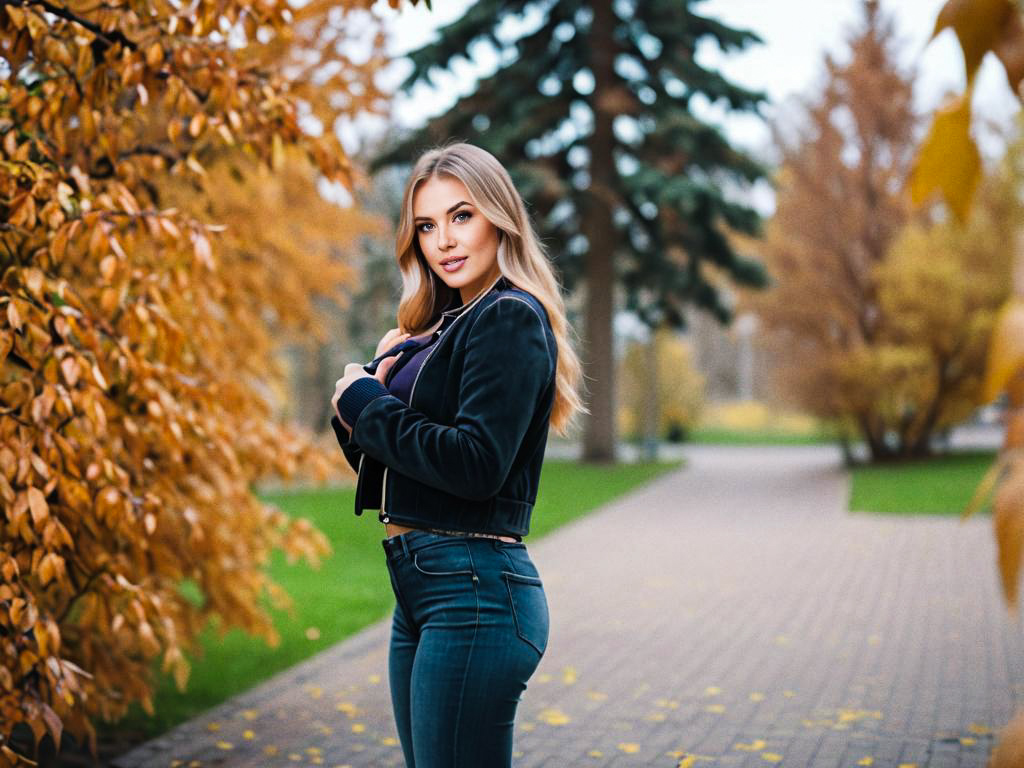 Confident Woman in Vibrant Autumn Foliage