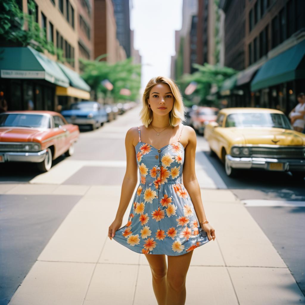 Stylish Woman in Floral Dress with Classic Cars