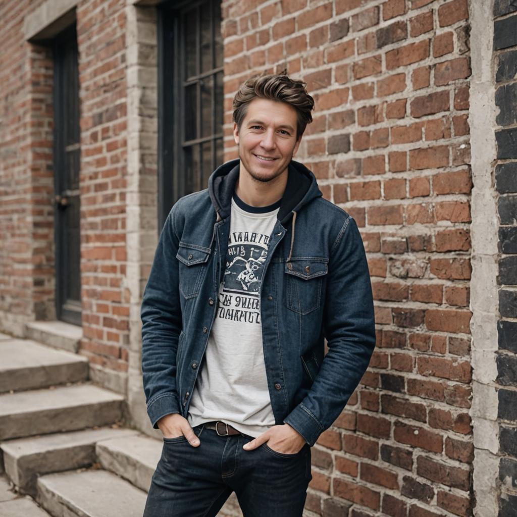 Confident man in casual attire against rustic brick wall