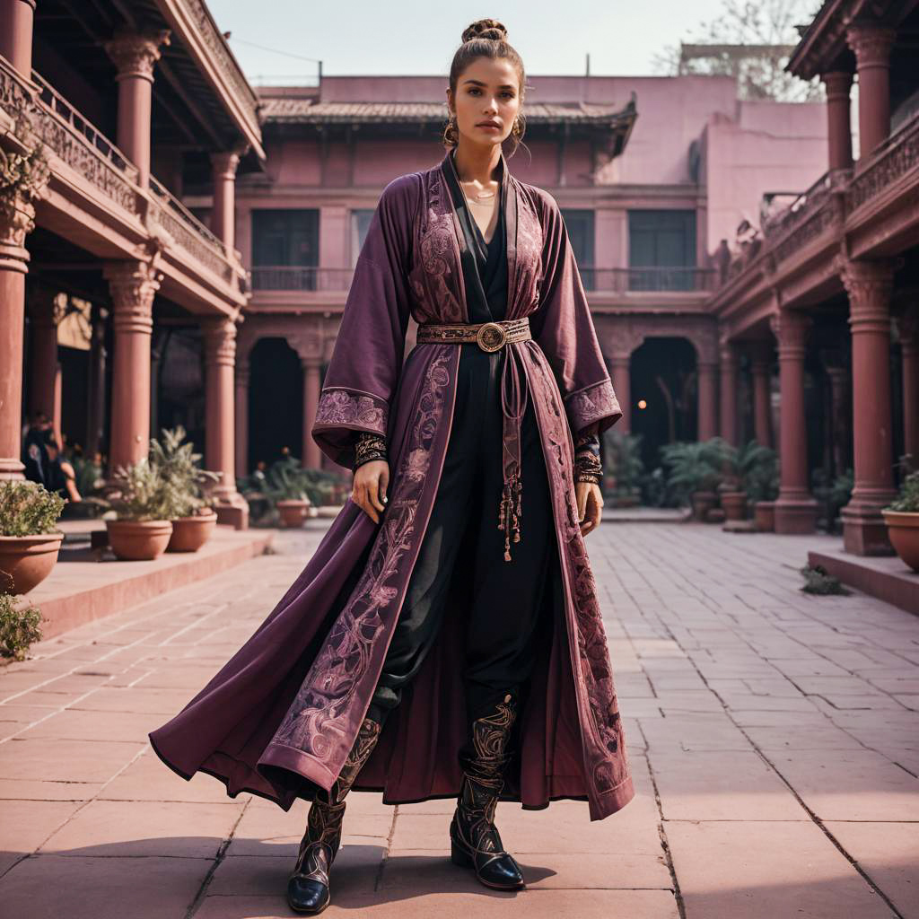 Elegant Woman in Embroidered Purple Robe Standing in Historic Courtyard