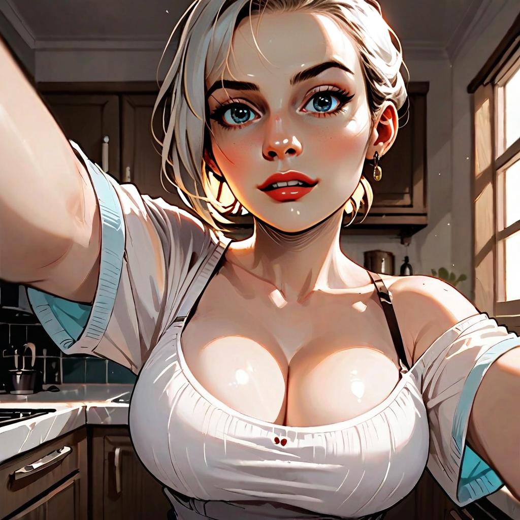 Stylized Digital Illustration of Blonde Woman in Kitchen with Blue Eyes