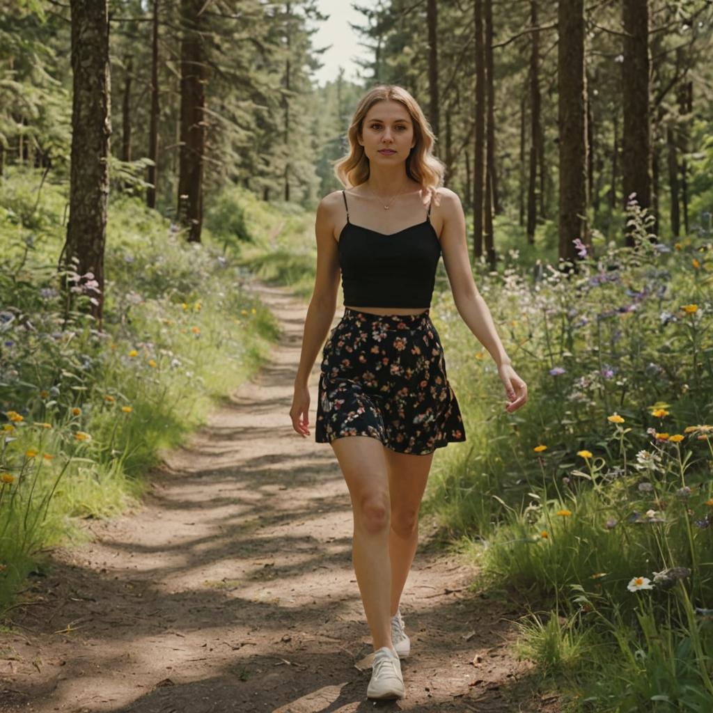 Woman Walking in a Serene Forest Path