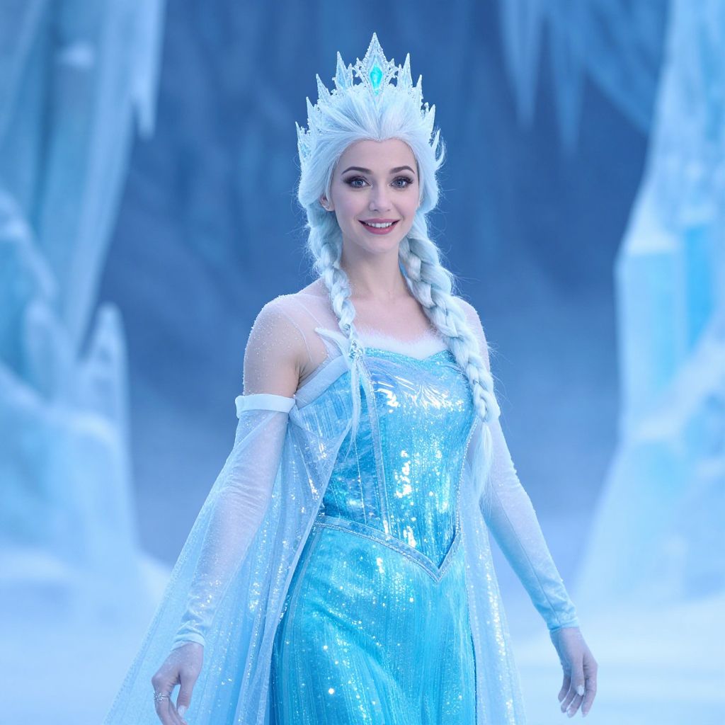 Woman in Shimmering Ice Queen Costume with Crown in Winter Wonderland