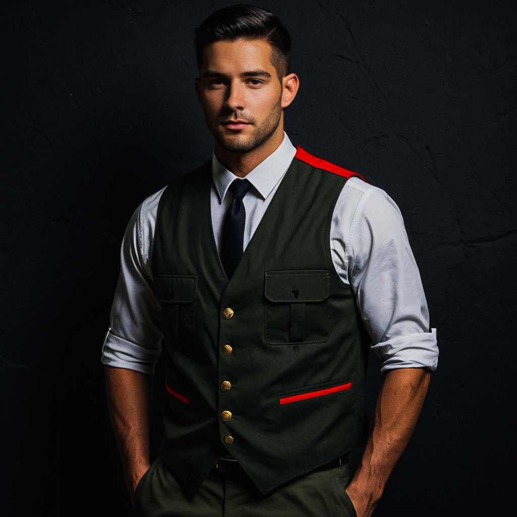 Confident Young Man in Olive Green Vest