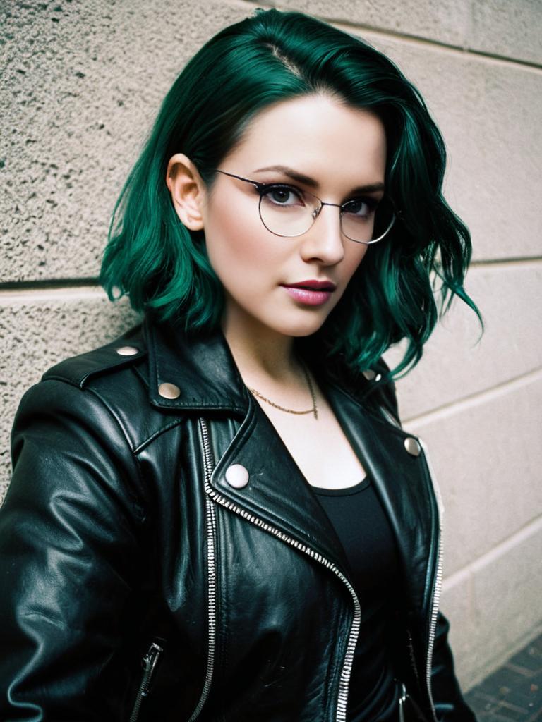 Confident Woman with Teal Hair Wearing Black Leather Jacket and Glasses