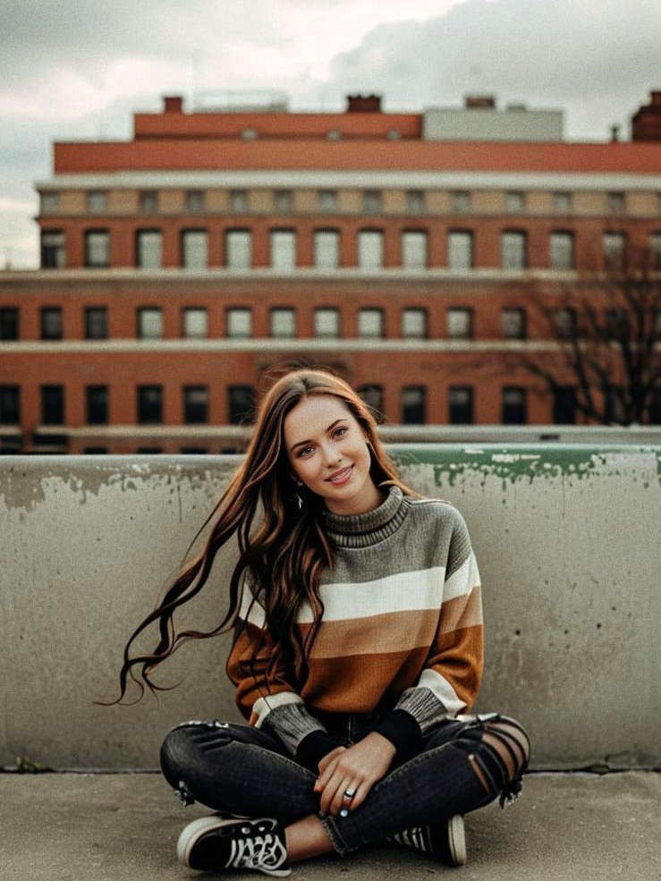 Young Woman in Striped Sweater Against City Backdrop