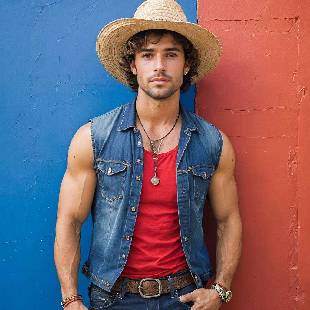 Confident Young Man in Bohemian Style Against Colorful Wall Confident Young Man in Bohemian Style Against Colorful Wall