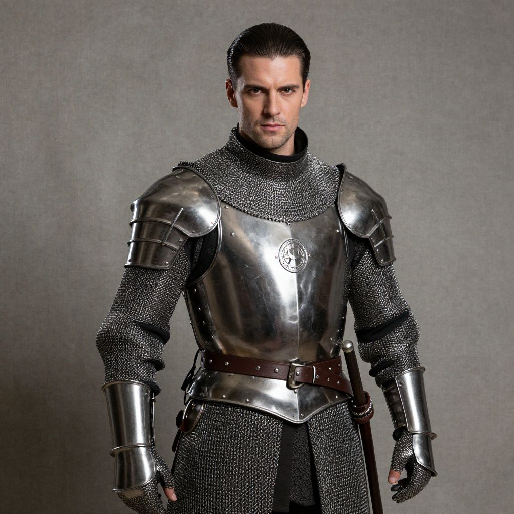 Medieval Knight in Full Plate and Chainmail Armor