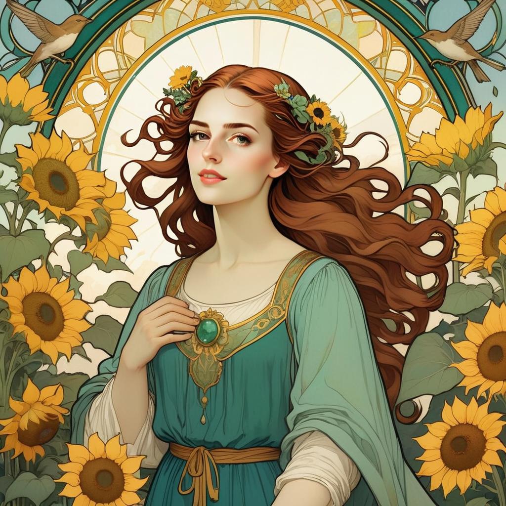 Art Nouveau Style Portrait of a Woman with Flowing Hair and Sunflowers