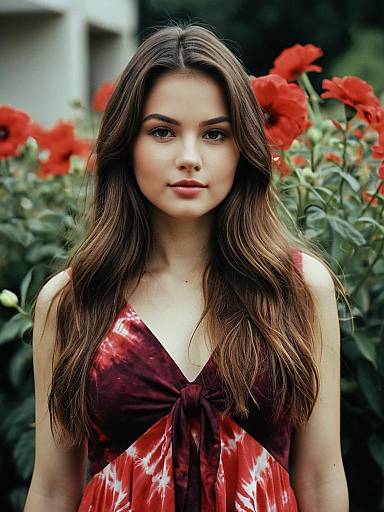 Young Woman in Red Tie-Dye Dress Standing in Garden with Red Flowers