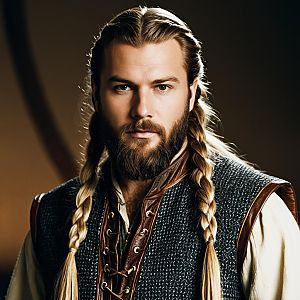 Realistic Portrait of Man with Braided Hair in Medieval Style Outfit