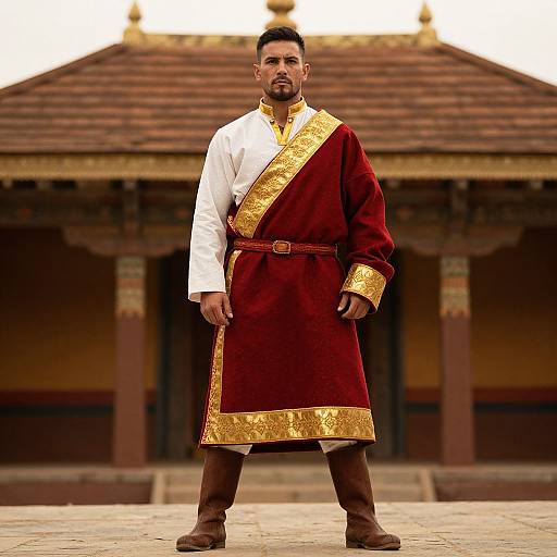 Man in Traditional Royal Red and Gold Embroidered Robe Standing in Historic Setting