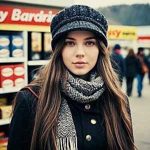 Young Woman Wearing Woolen Cap and Patterned Scarf Outdoors