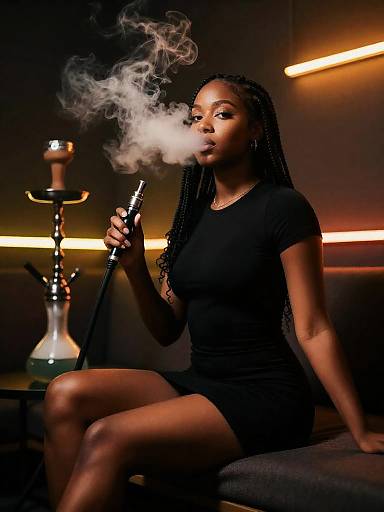 Gen Z Woman Smoking Hookah in Modern Lounge