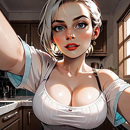 Stylized Digital Illustration of Blonde Woman in Kitchen with Blue Eyes