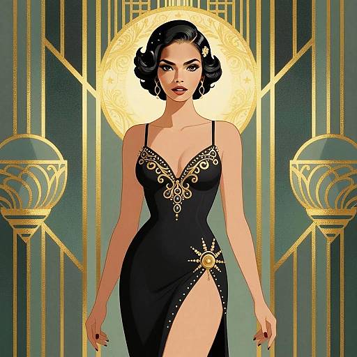 Elegant Woman in Black Evening Gown Art Deco Digital Illustration