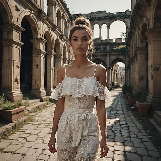 Young Woman in White Lace Dress Walking Through Historic Arched Courtyard