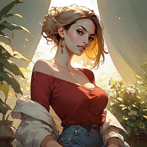 Elegant Blonde Woman in Red Top Digital Illustration with Lush Greenery