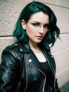 Confident Woman with Teal Hair Wearing Black Leather Jacket and Glasses