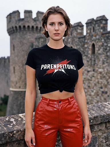 Lean Woman in Fitted Cropped Black Graphic T-Shirt and Shiny Red Pants by Castle