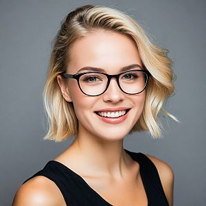 Cheerful young woman with blonde hair and glasses