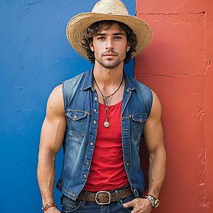 Confident Young Man in Bohemian Style Against Colorful Wall