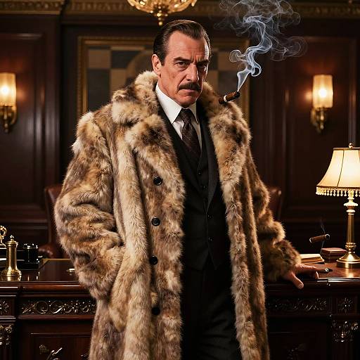 Man in Luxurious Fur Coat Smoking Cigar in Vintage Elegance