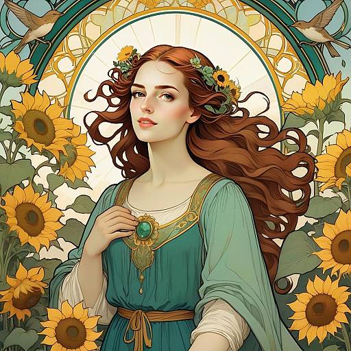 Art Nouveau Style Portrait of a Woman with Flowing Hair and Sunflowers