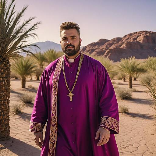 Man in Purple Embroidered Religious Robe in Desert Landscape
