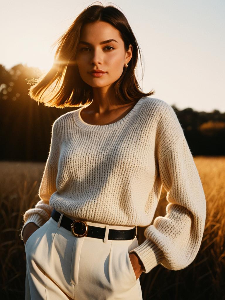 Young Woman in Cozy Knit Sweater and White Trousers at Sunset Outdoors