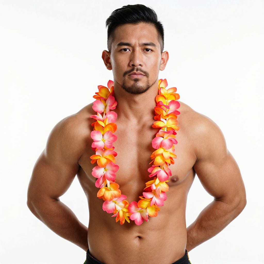 Shirtless Man Wearing Bright Floral Lei Against White Background