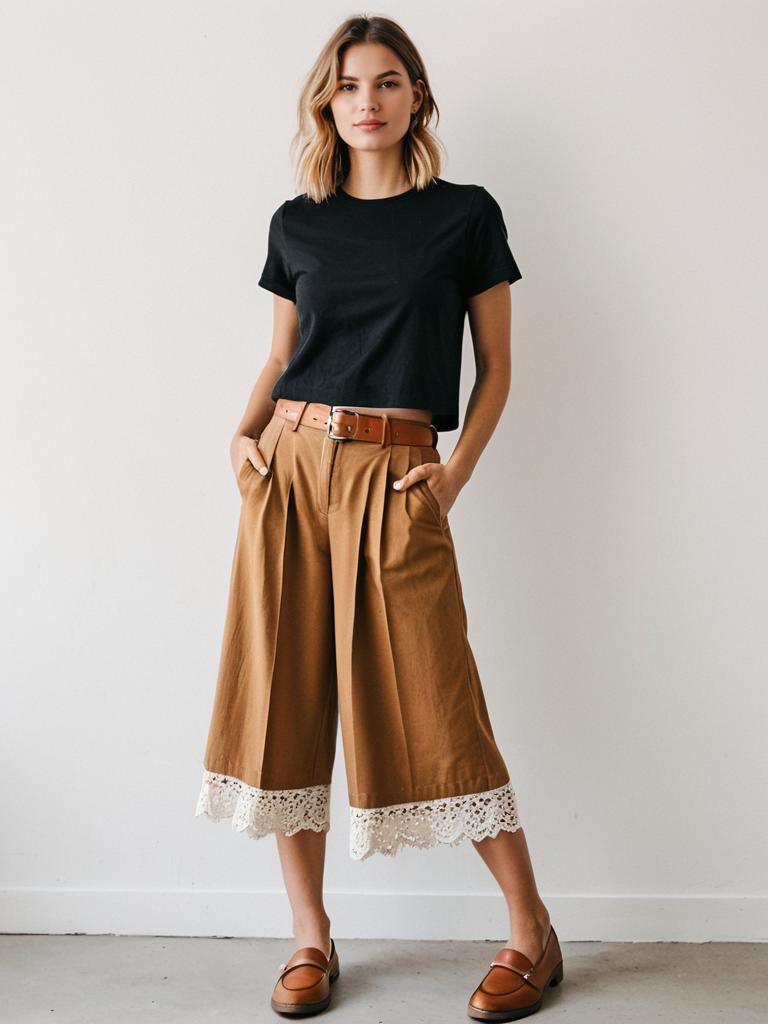 Woman in Black Crop Top and Brown Culottes with Lace Trim Fashion Outfit