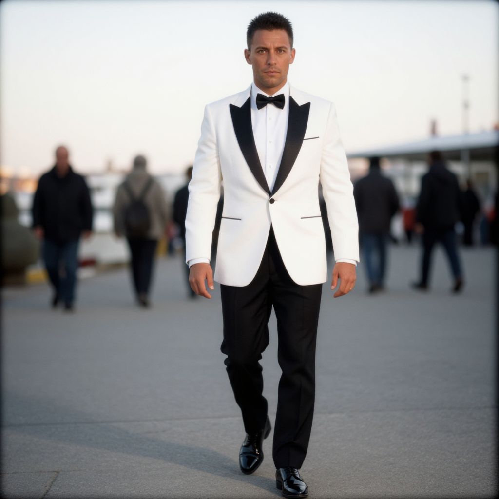 Man Wearing White Tuxedo Jacket with Black Lapels Walking Outdoors