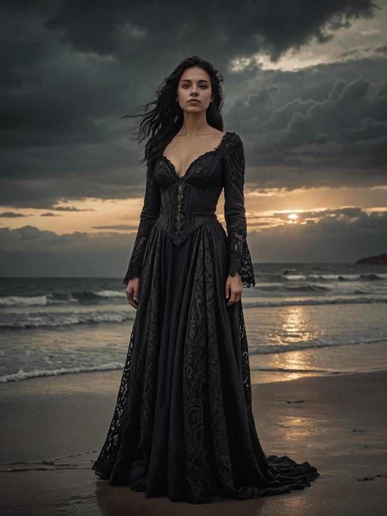 Elegant Woman in Black Gown at Ocean Sunset